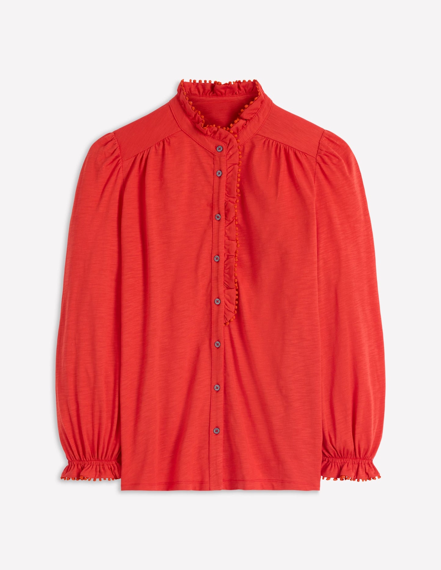 Emily Pom Trim Ruffle Shirt-Blood Orange