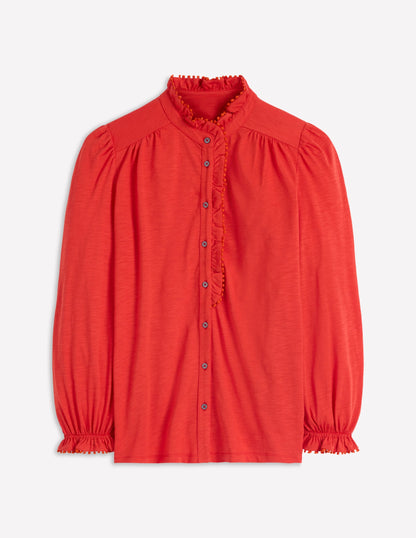 Emily Pom Trim Ruffle Shirt-Blood Orange