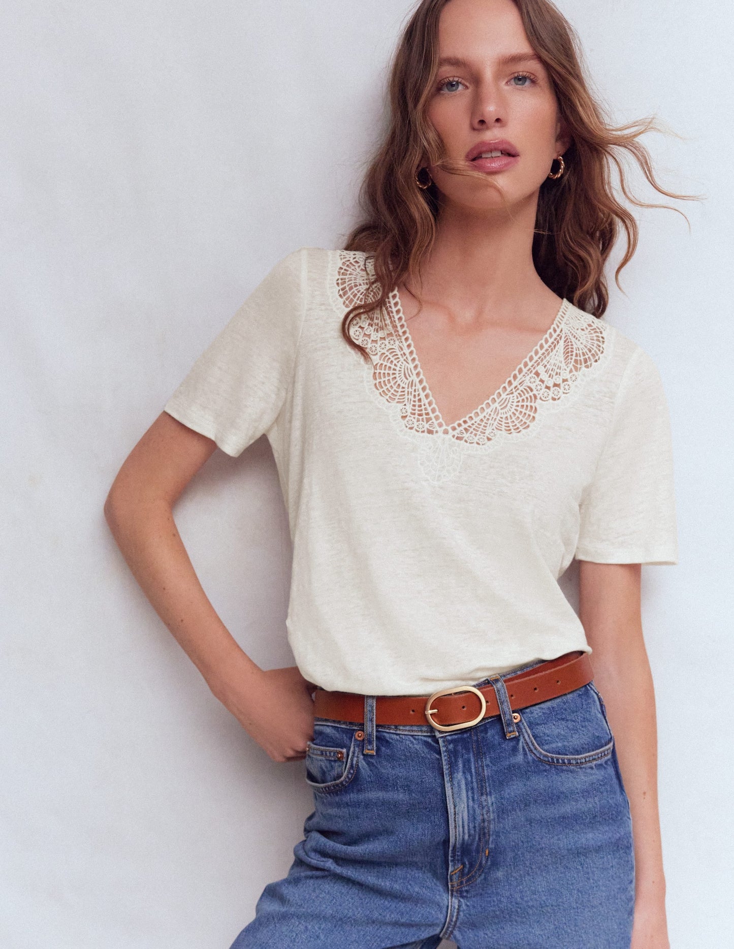 Tara Lace Trim Linen T-shirt-Coconut Milk