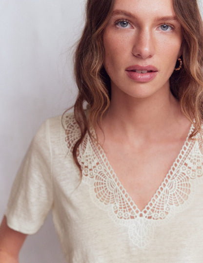 Tara Lace Trim Linen T-shirt-Coconut Milk