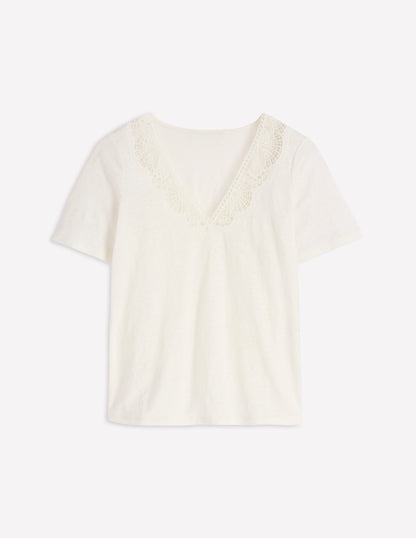 Tara Lace Trim Linen T-shirt-Coconut Milk