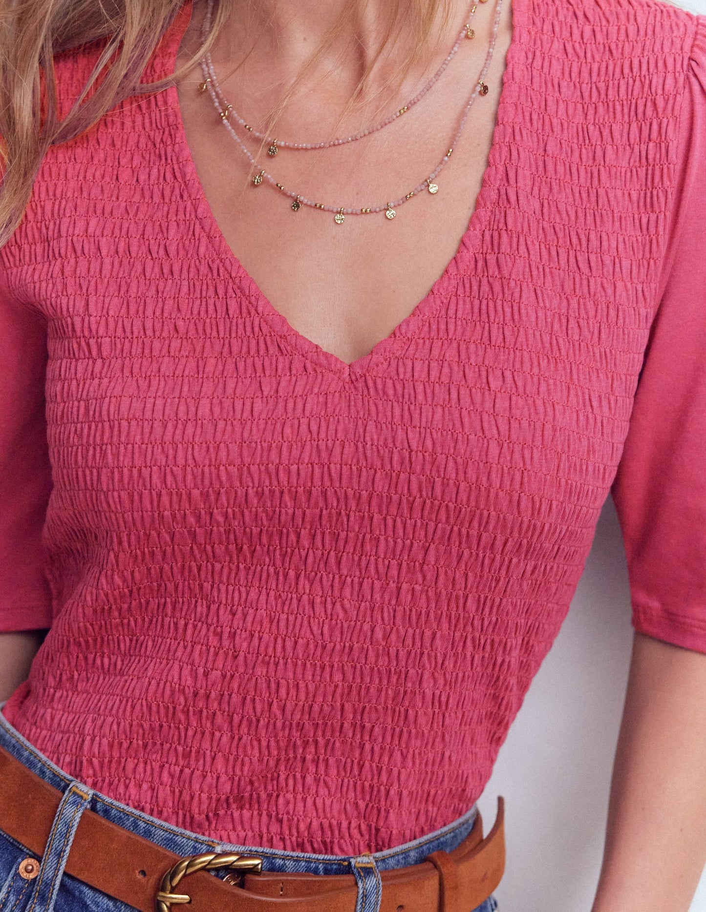 Smocked V Neck Top-Malaga
