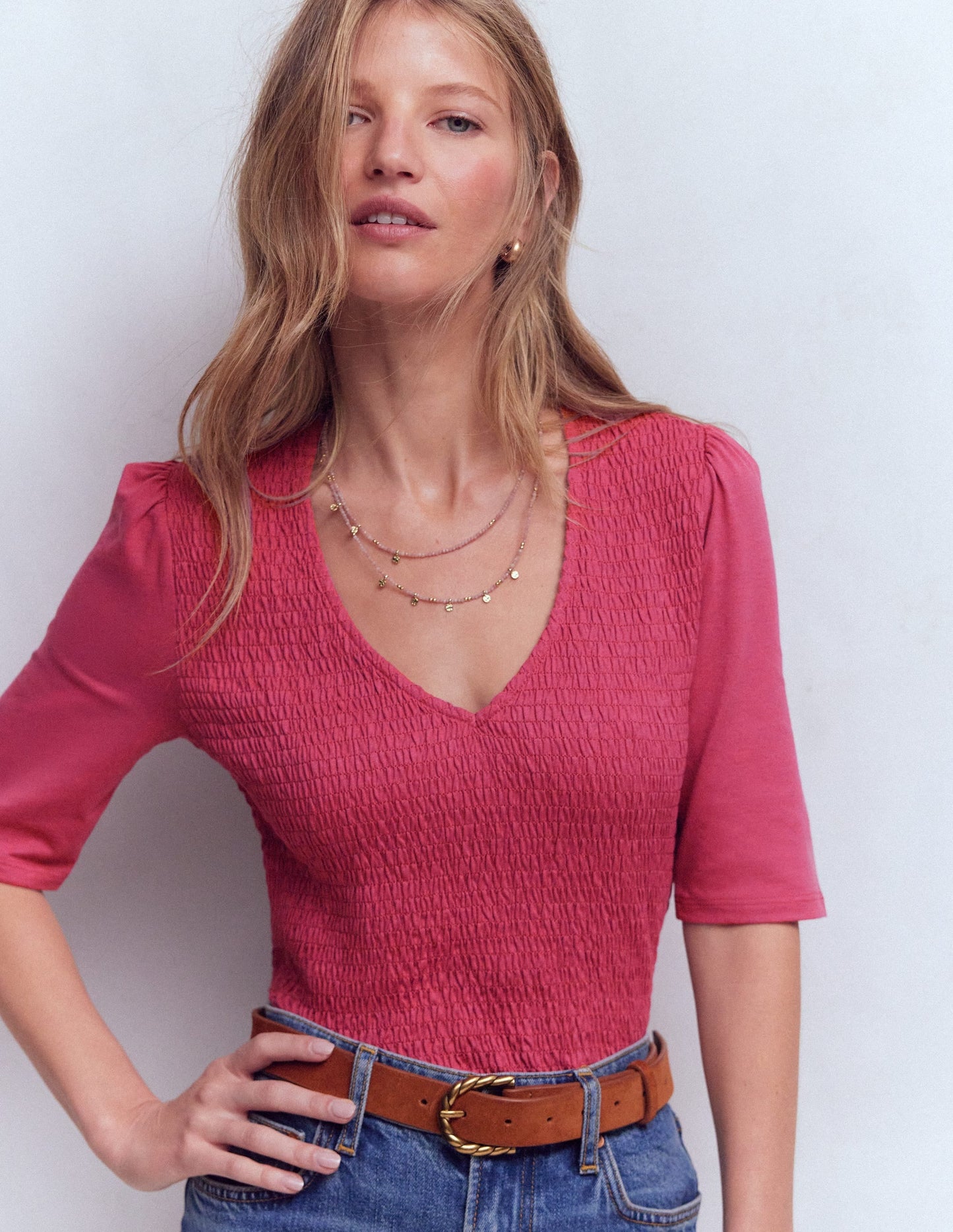 Smocked V Neck Top-Malaga