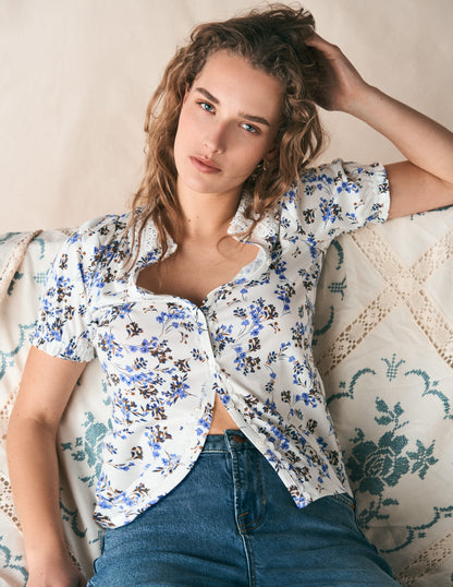 Nessa Broderie Collar Blouse-Ivory, Blue Bloom Scatter