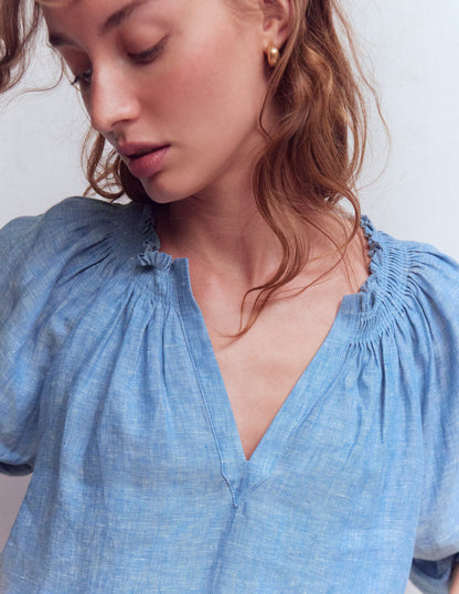Serena Pleat Neck Linen Top-Chambray
