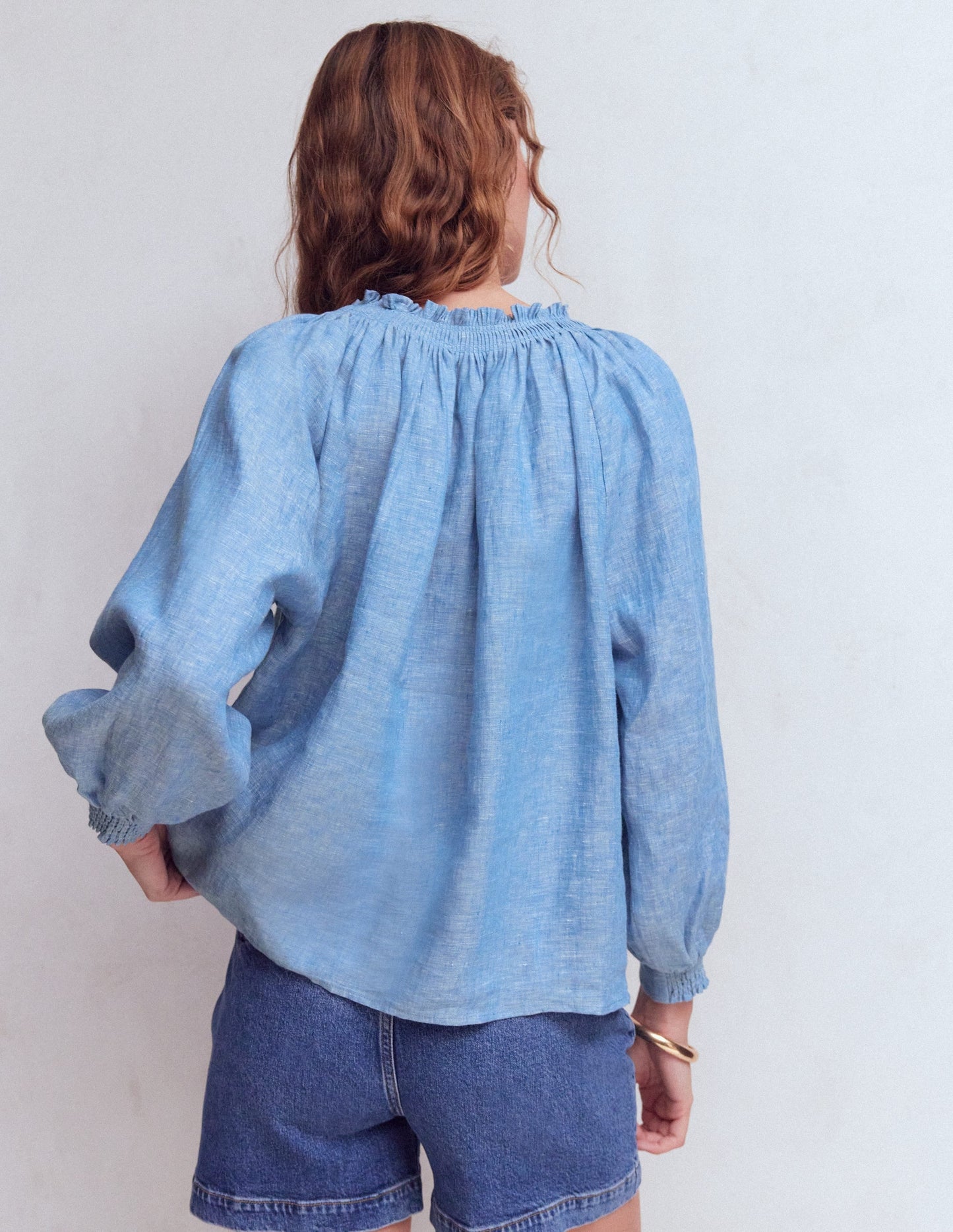 Serena Pleat Neck Linen Top-Chambray