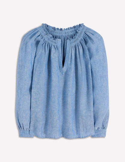 Serena Pleat Neck Linen Top-Chambray