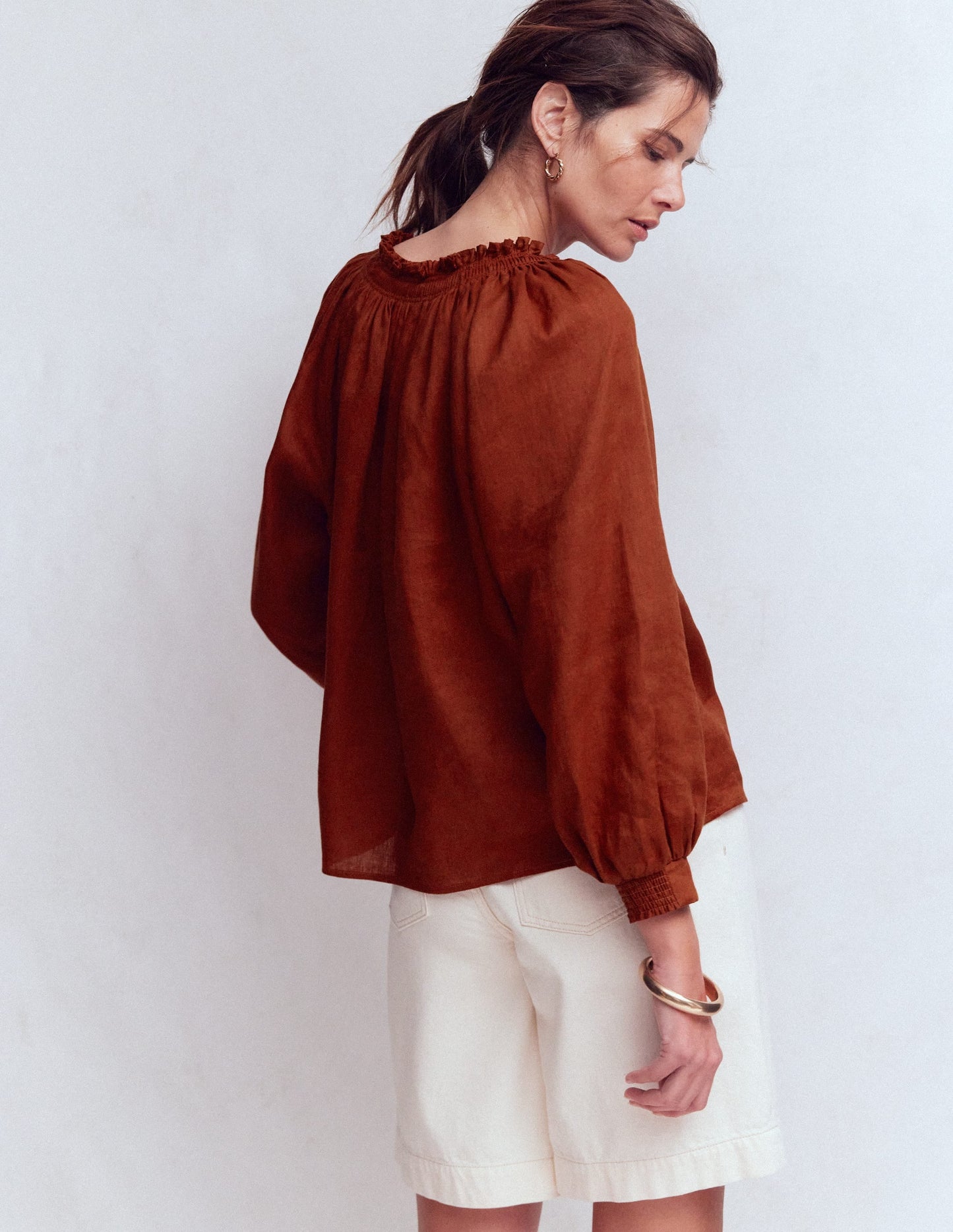 Serena Pleat Neck Linen Top-Burnt Henna