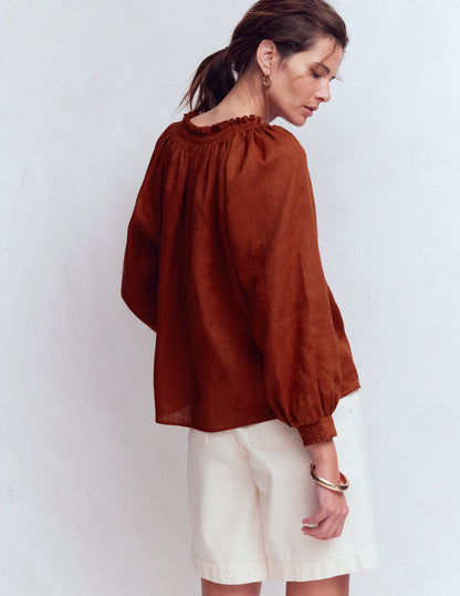 Serena Pleat Neck Linen Top-Burnt Henna