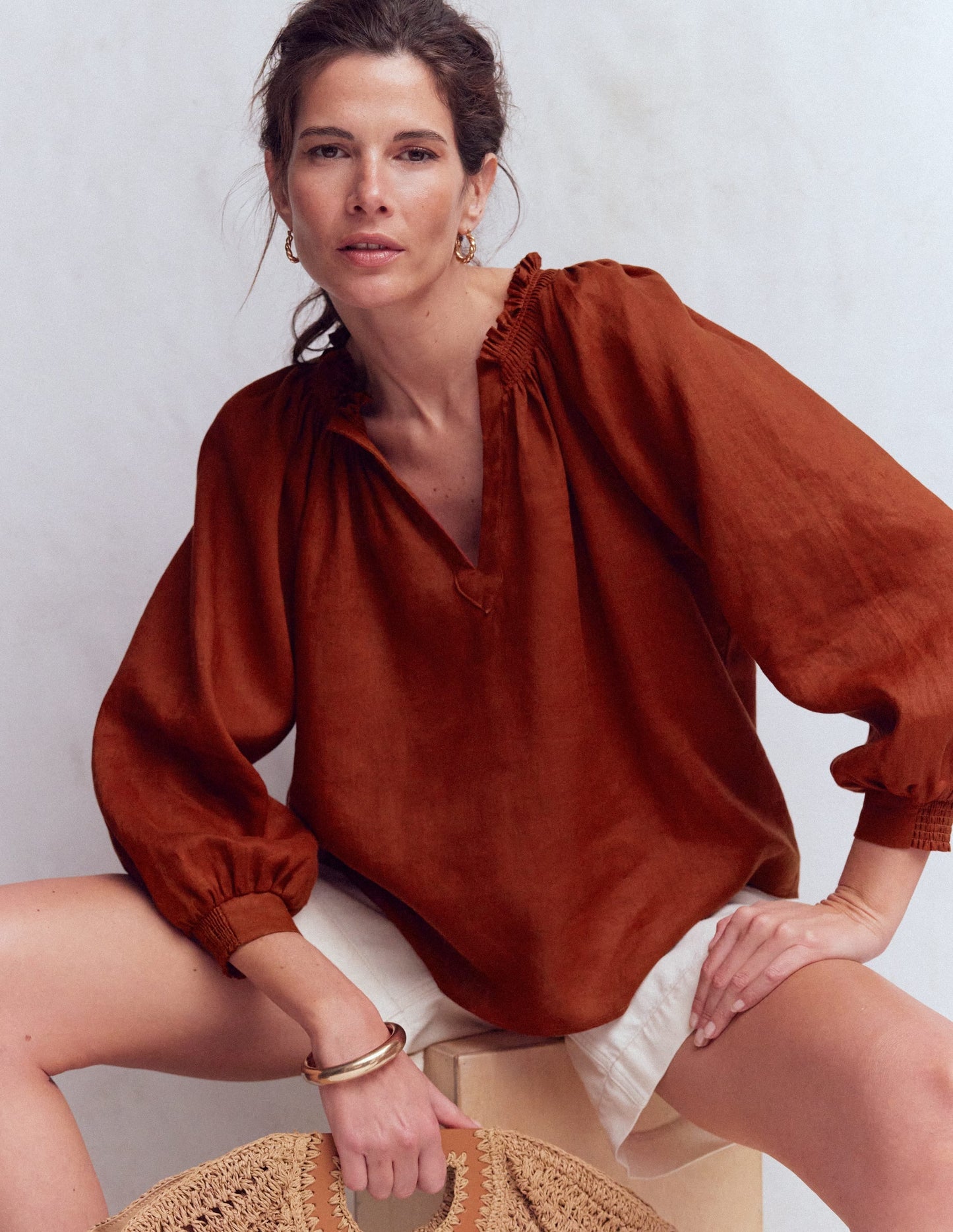 Serena Pleat Neck Linen Top-Burnt Henna