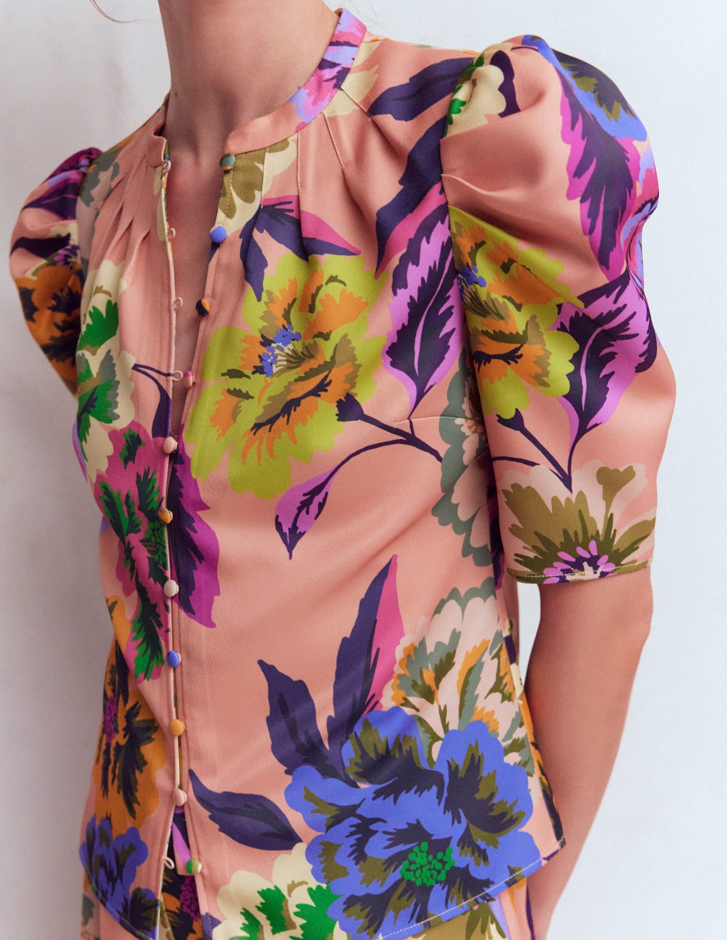 Pleated Mutton Sleeve Top-Multi, Opulent Blossom