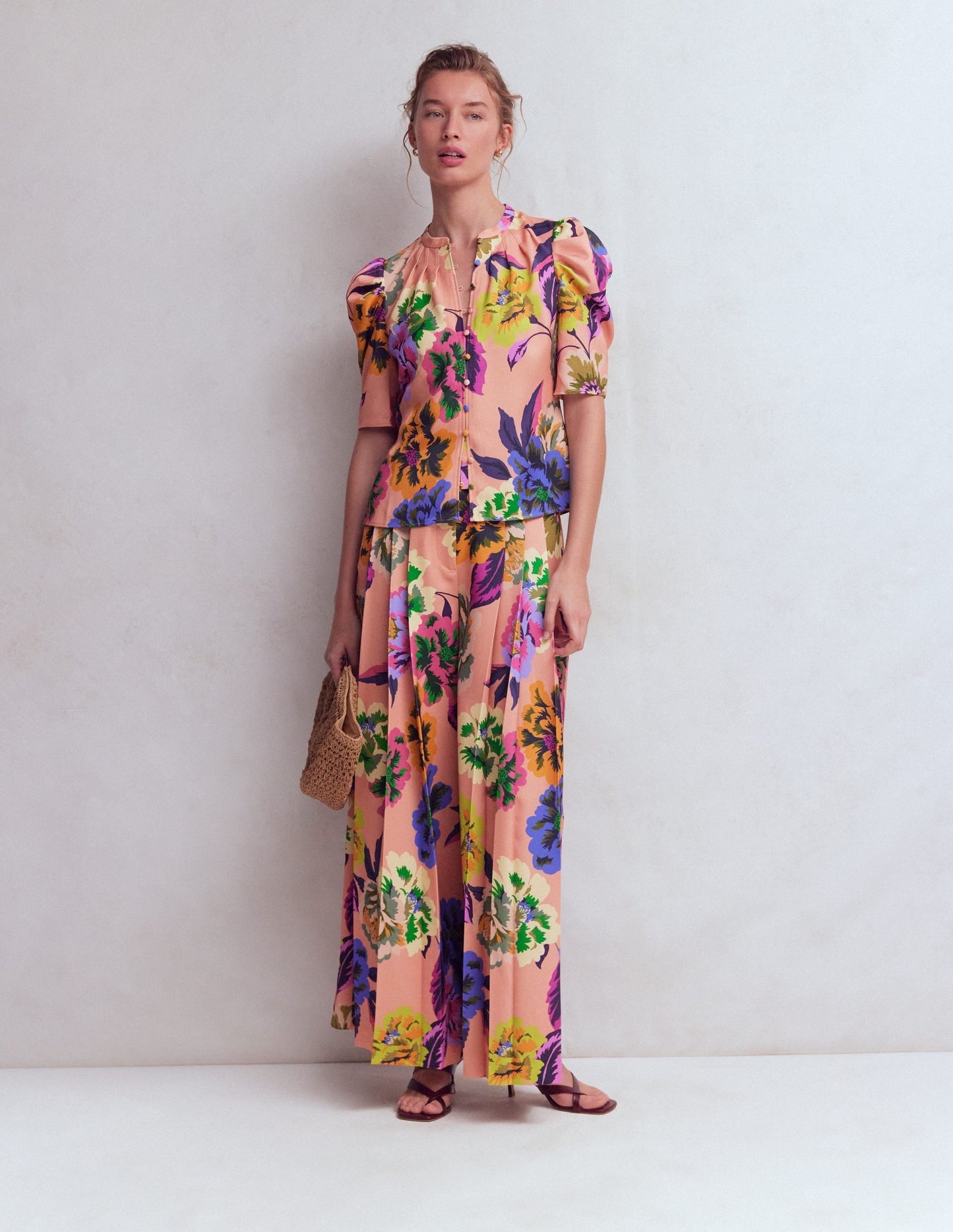 Pleated Mutton Sleeve Top-Multi, Opulent Blossom