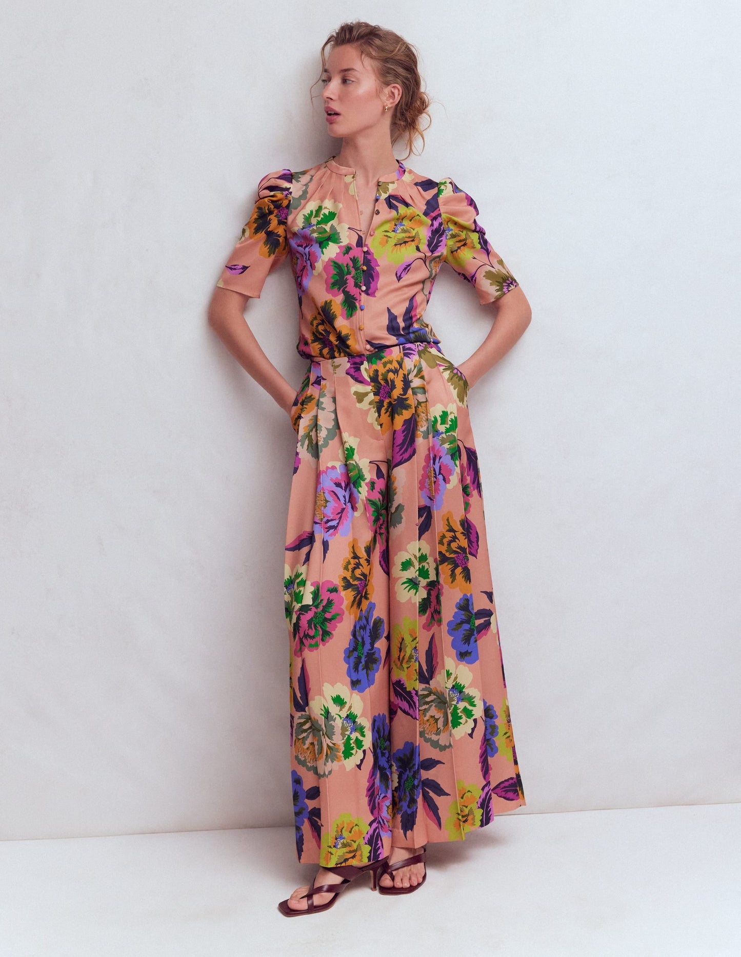Pleated Mutton Sleeve Top-Multi, Opulent Blossom
