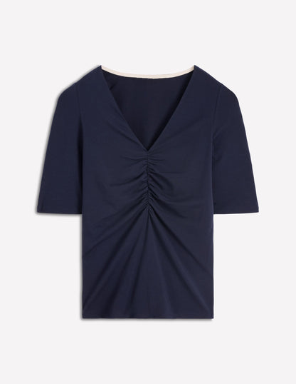 Tia Ruched V-neck Top-Navy