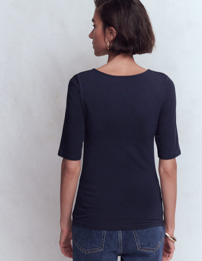 Tia Ruched V-neck Top-Navy