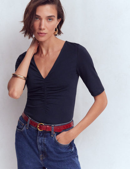 Tia Ruched V-neck Top-Navy