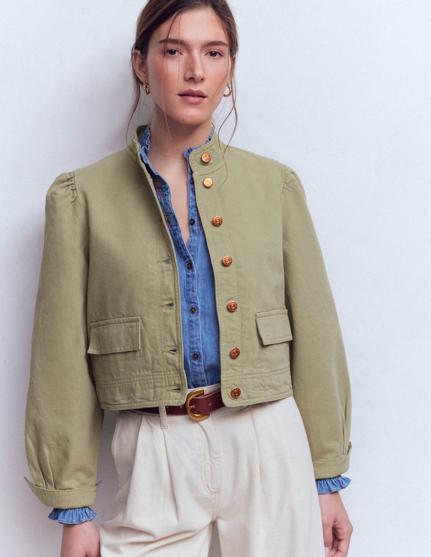 Topstitch Denim Jacket-Soft Green