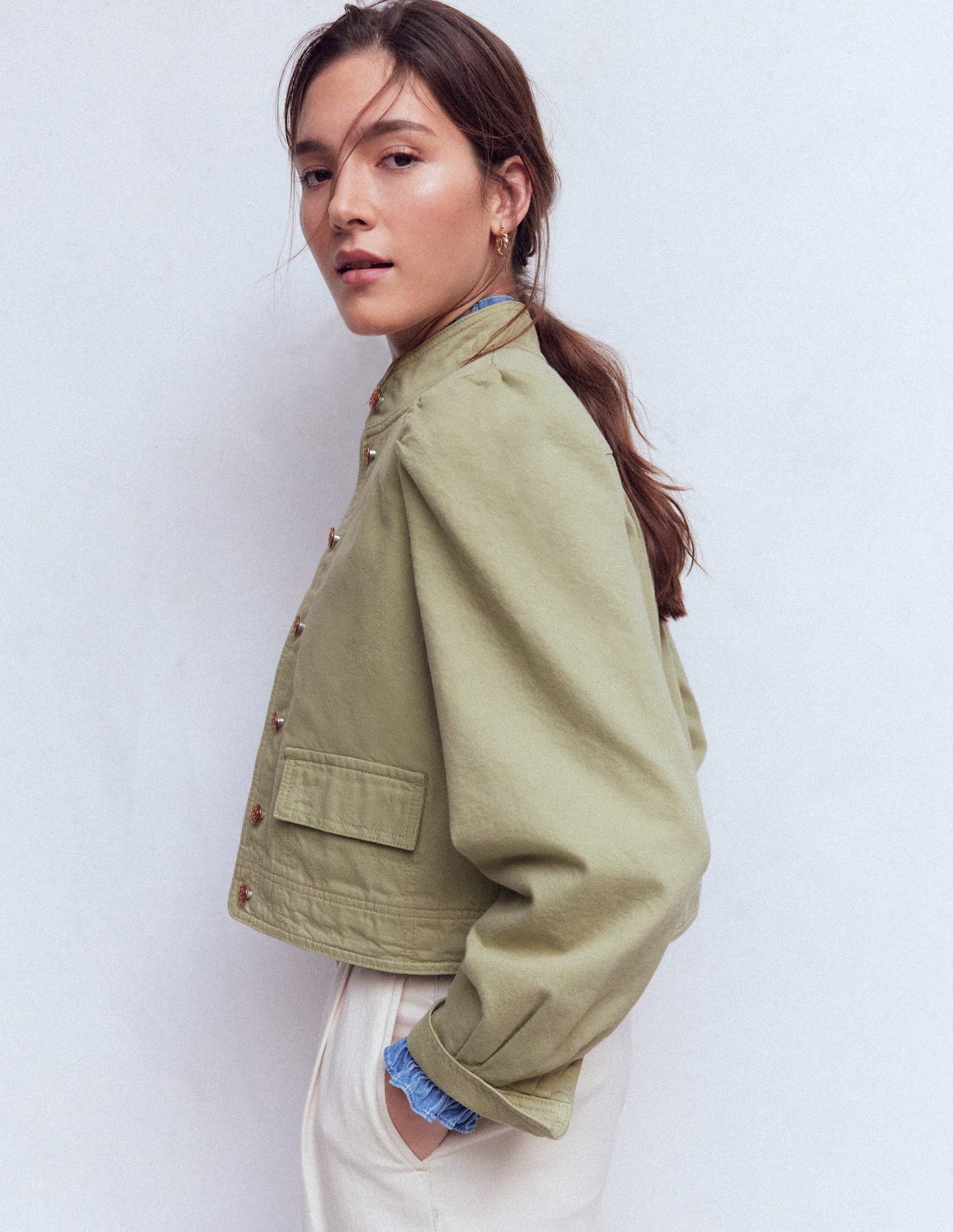 Topstitch Denim Jacket-Soft Green