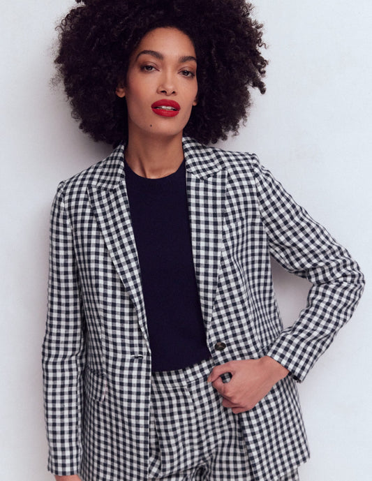 Woodbridge Linen Blazer-Navy, Ivory Gingham