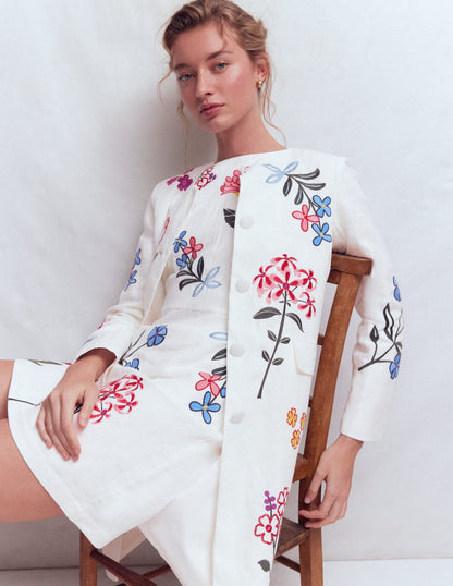 Embroidered Linen Coat-Ivory Embroidered
