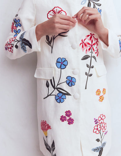 Embroidered Linen Coat-Ivory Embroidered