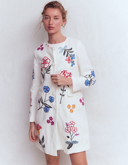 Embroidered Linen Coat-Ivory Embroidered