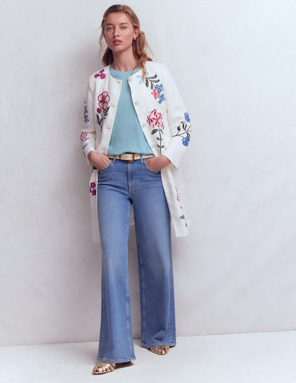 Embroidered Linen Coat-Ivory Embroidered