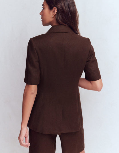 Short Sleeve Linen Blazer-Bitter Chocolate