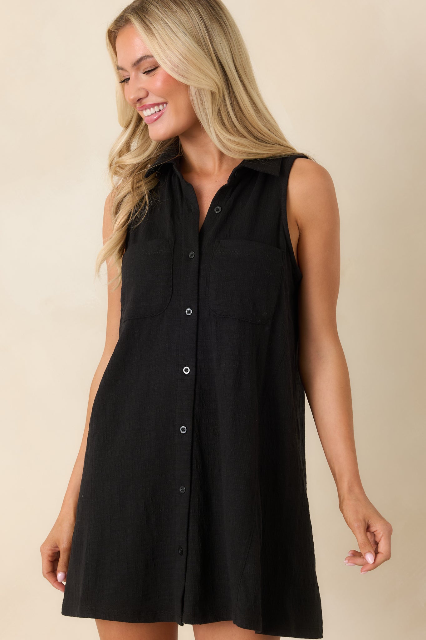 Z Supply New Light Black Textured Shirt Mini Dress
