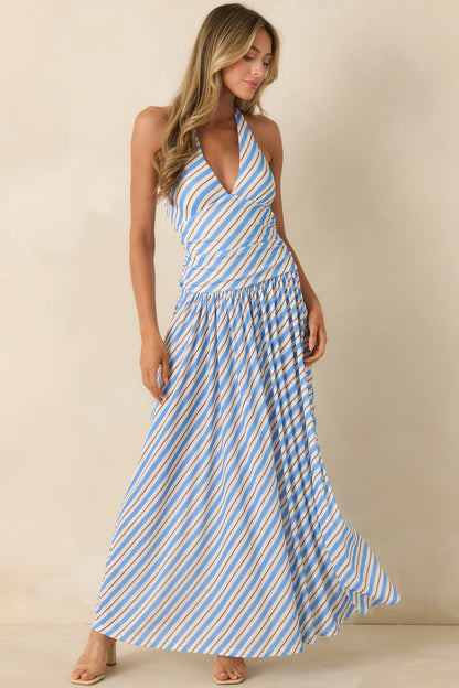 MINKPINK Sancia Blue Stripe Halter Maxi Dress