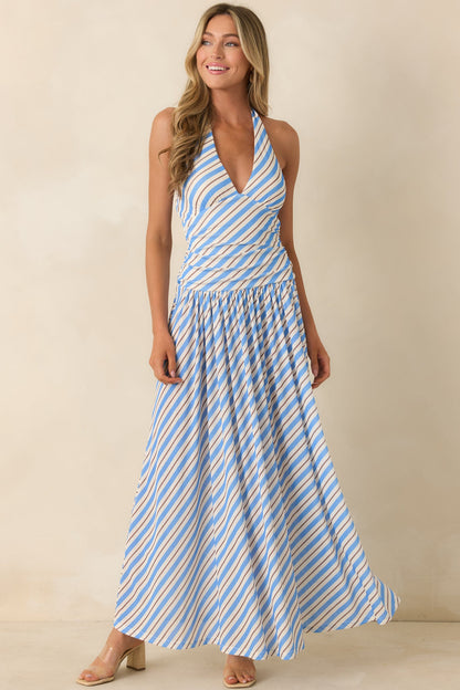 MINKPINK Sancia Blue Stripe Halter Maxi Dress