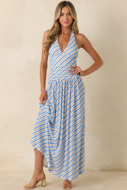 MINKPINK Sancia Blue Stripe Halter Maxi Dress