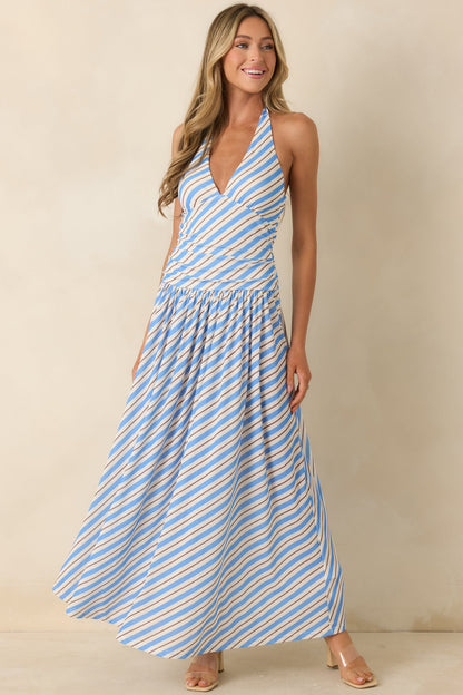 MINKPINK Sancia Blue Stripe Halter Maxi Dress