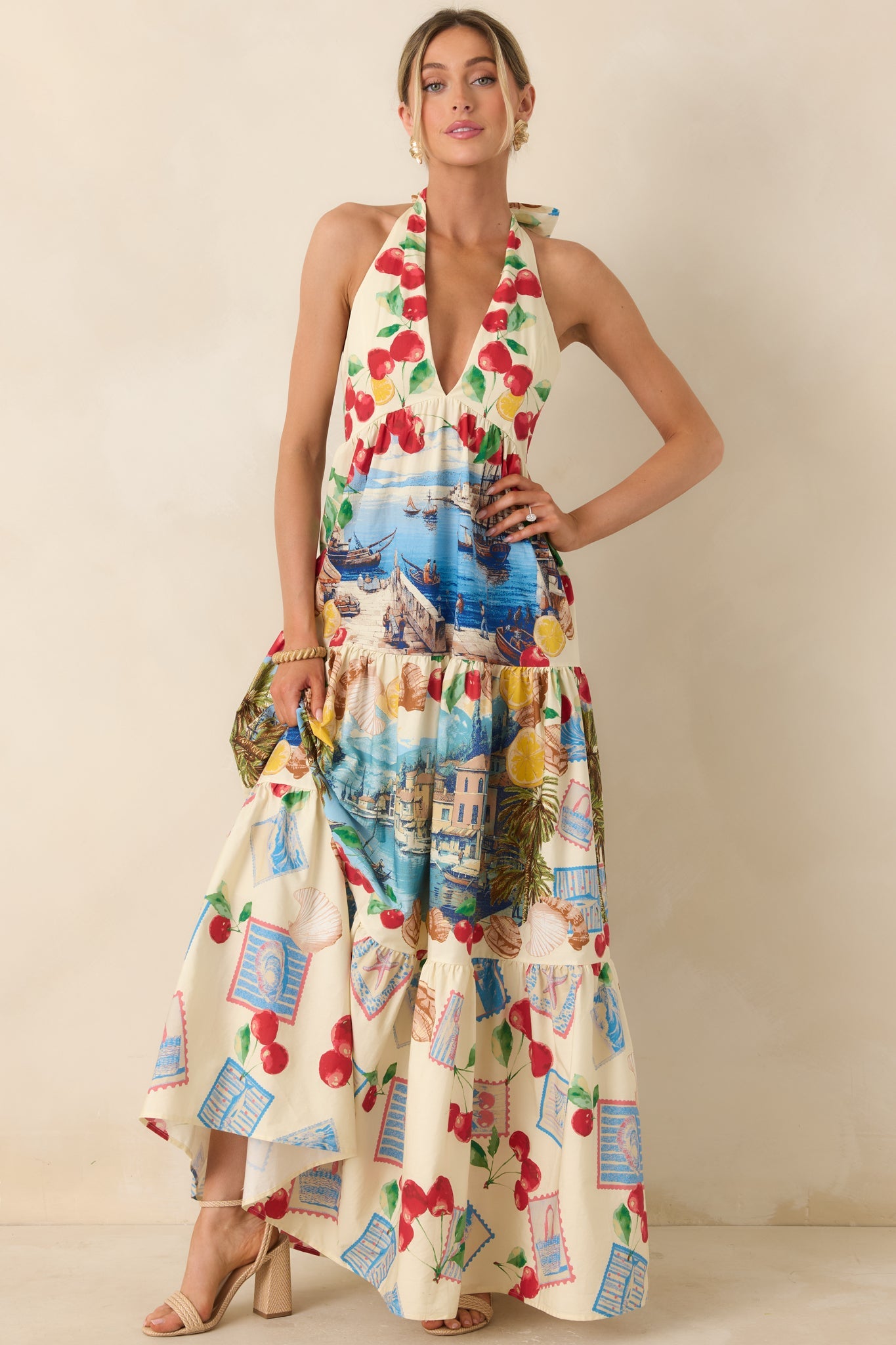 Market to Marina Ivory Multi Coastal Print Cotton Halter Maxi Dress