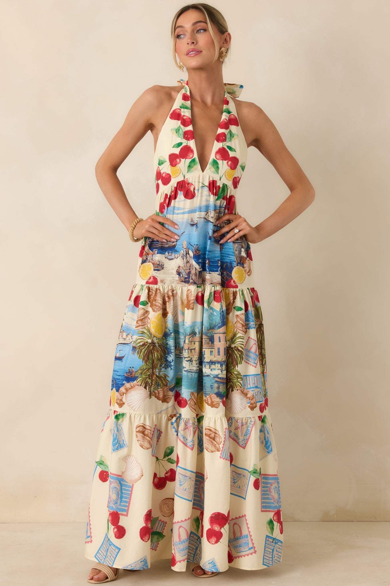 Market to Marina Ivory Multi Coastal Print Cotton Halter Maxi Dress