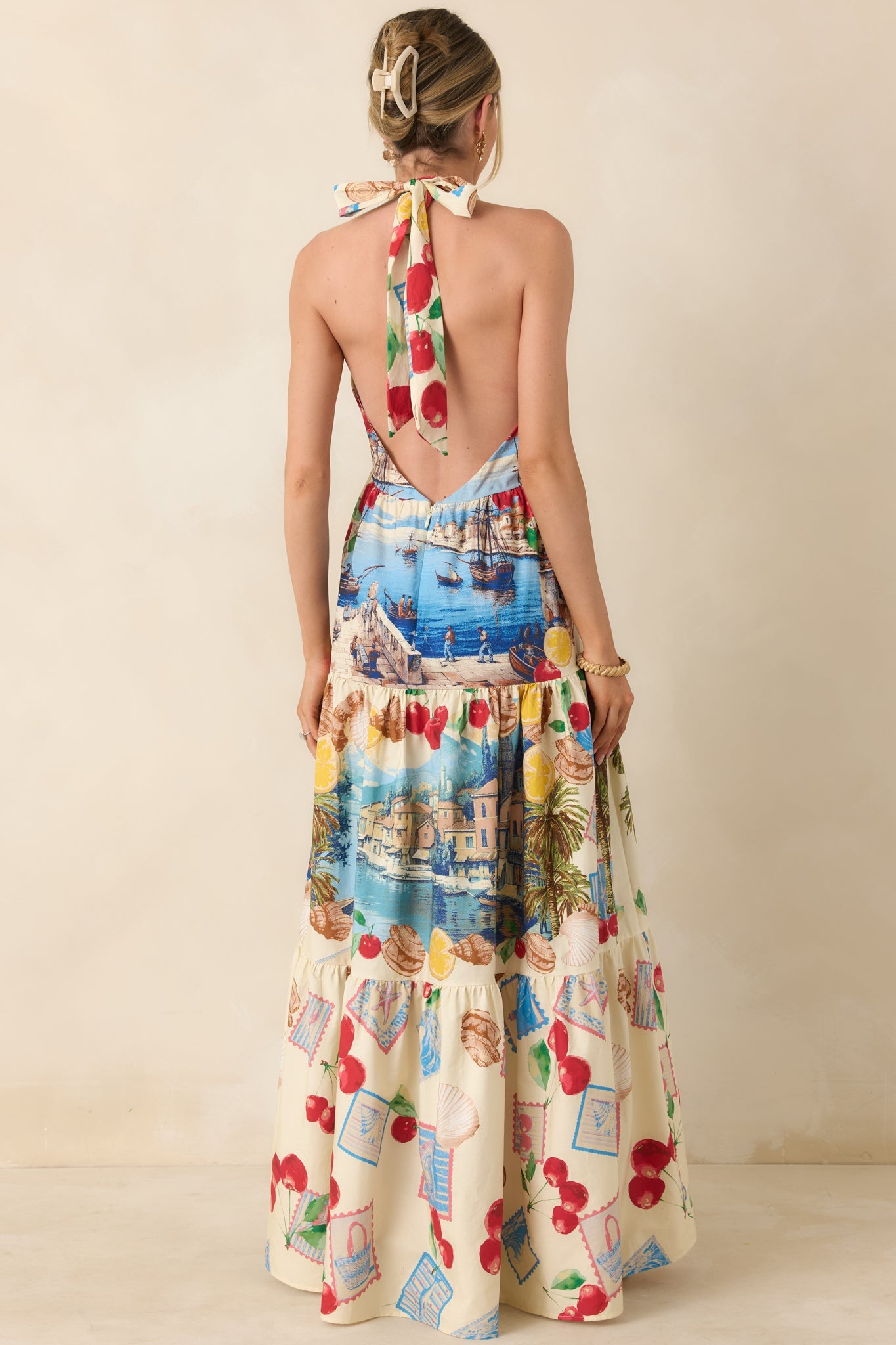 Market to Marina Ivory Multi Coastal Print Cotton Halter Maxi Dress