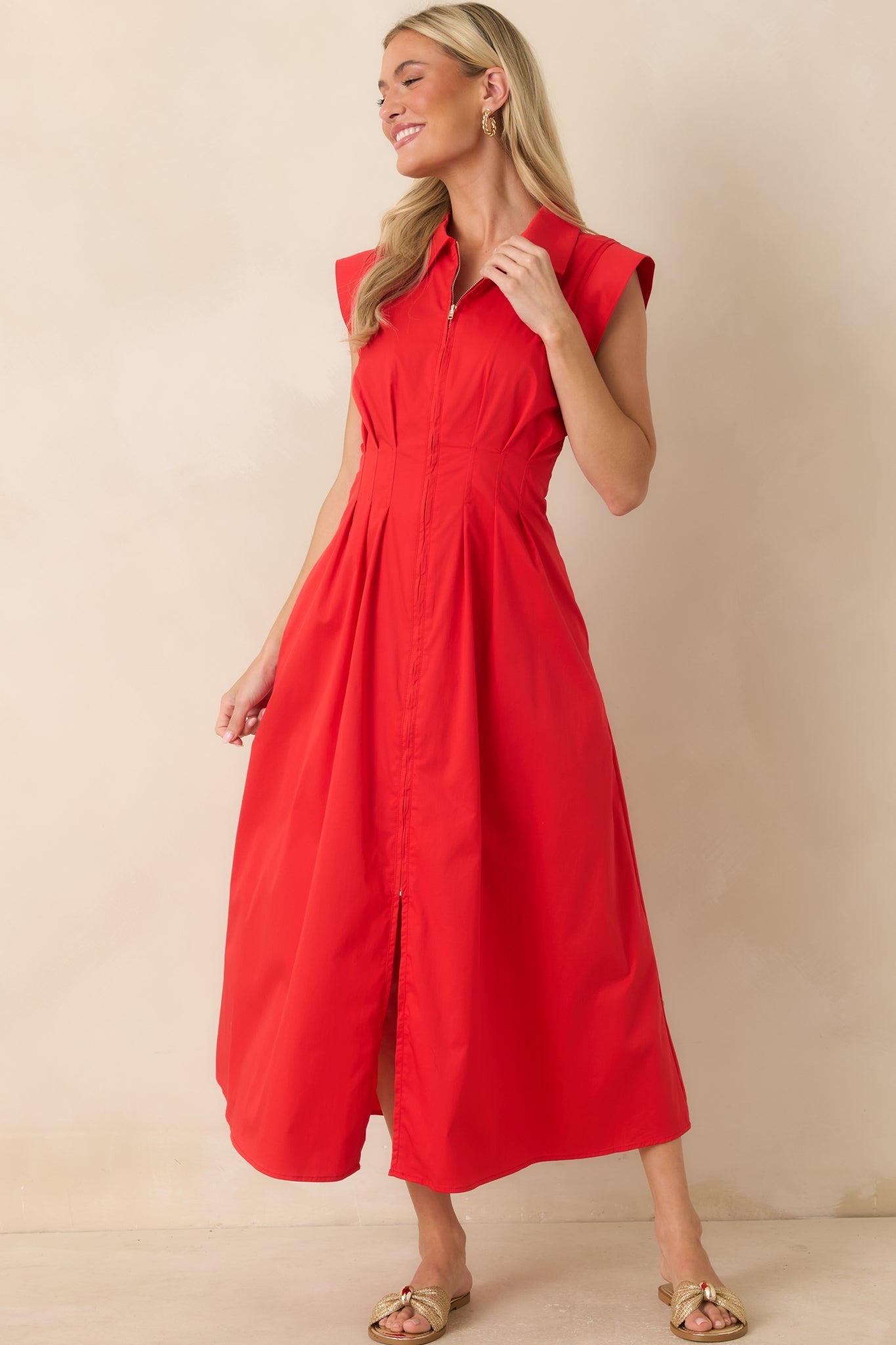 Meet Me Downtown Red Zip Front Midi Dress