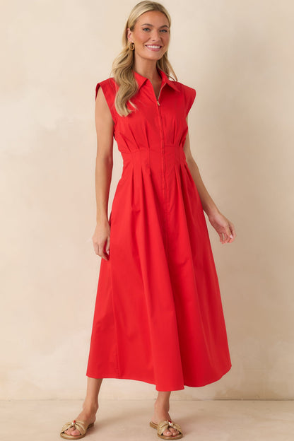 Meet Me Downtown Red Zip Front Midi Dress