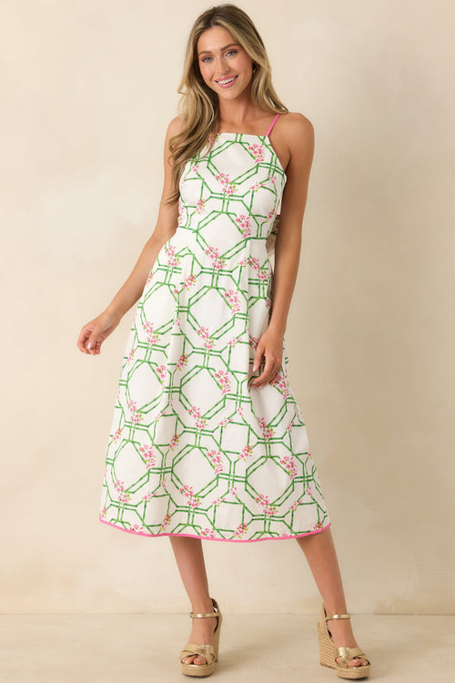 Prosperina Miriam White Multi Floral Trellis Cotton Midi Dress