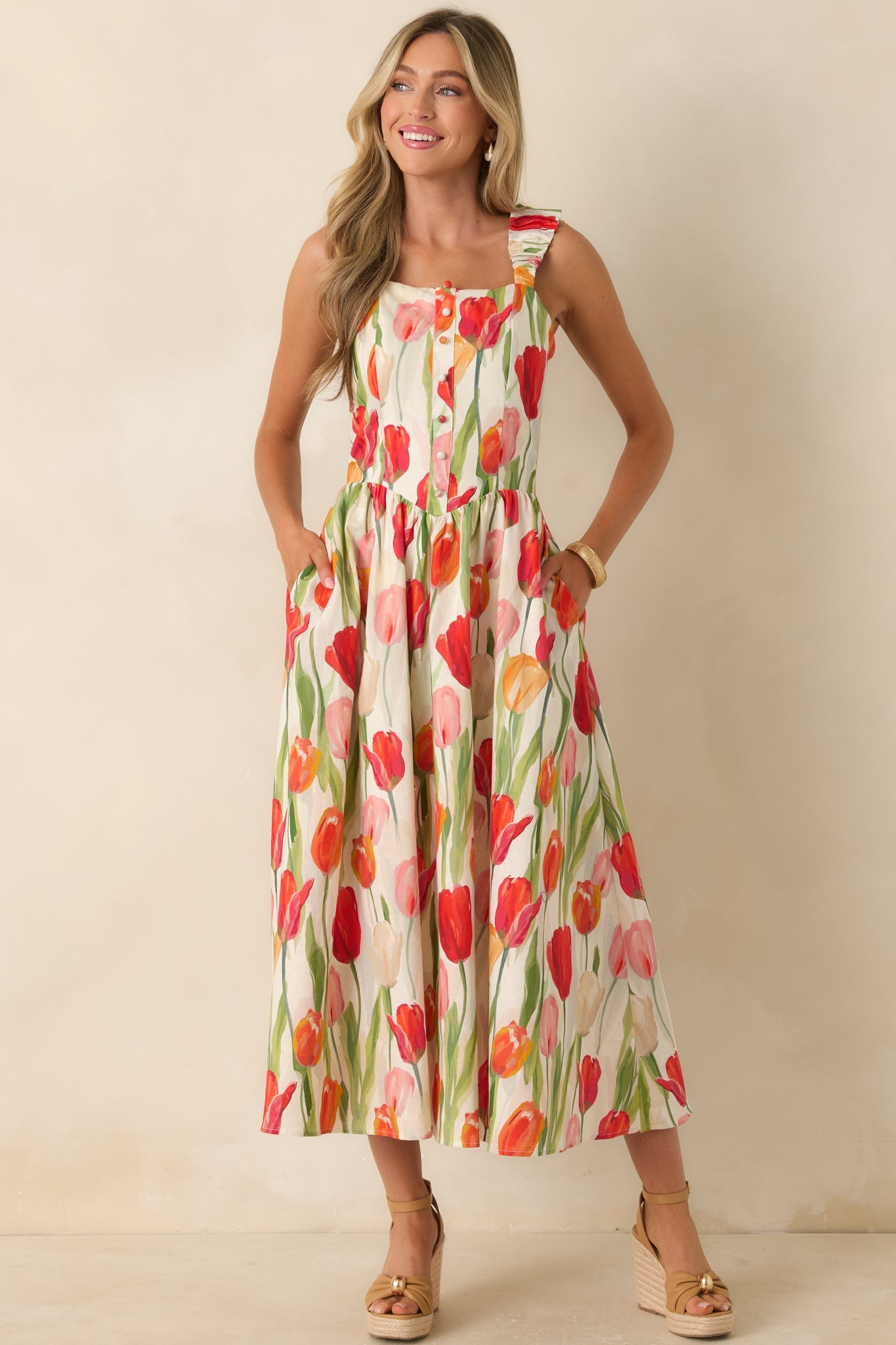 Courtyard Stroll Ivory & Red Multi Linen Blend Floral Midi Dress
