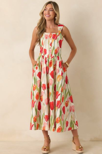 Courtyard Stroll Ivory & Red Multi Linen Blend Floral Midi Dress