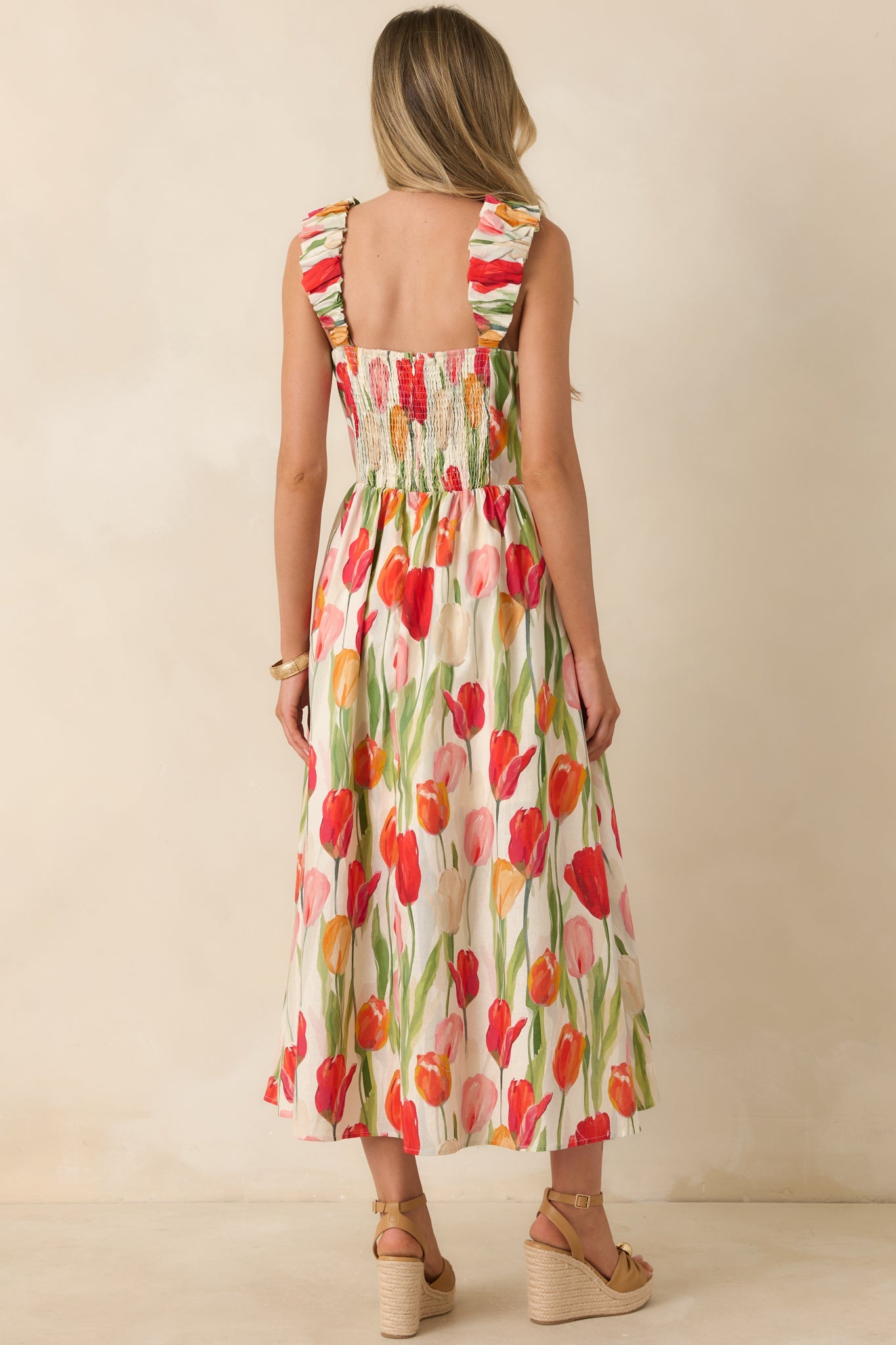 Courtyard Stroll Ivory & Red Multi Linen Blend Floral Midi Dress