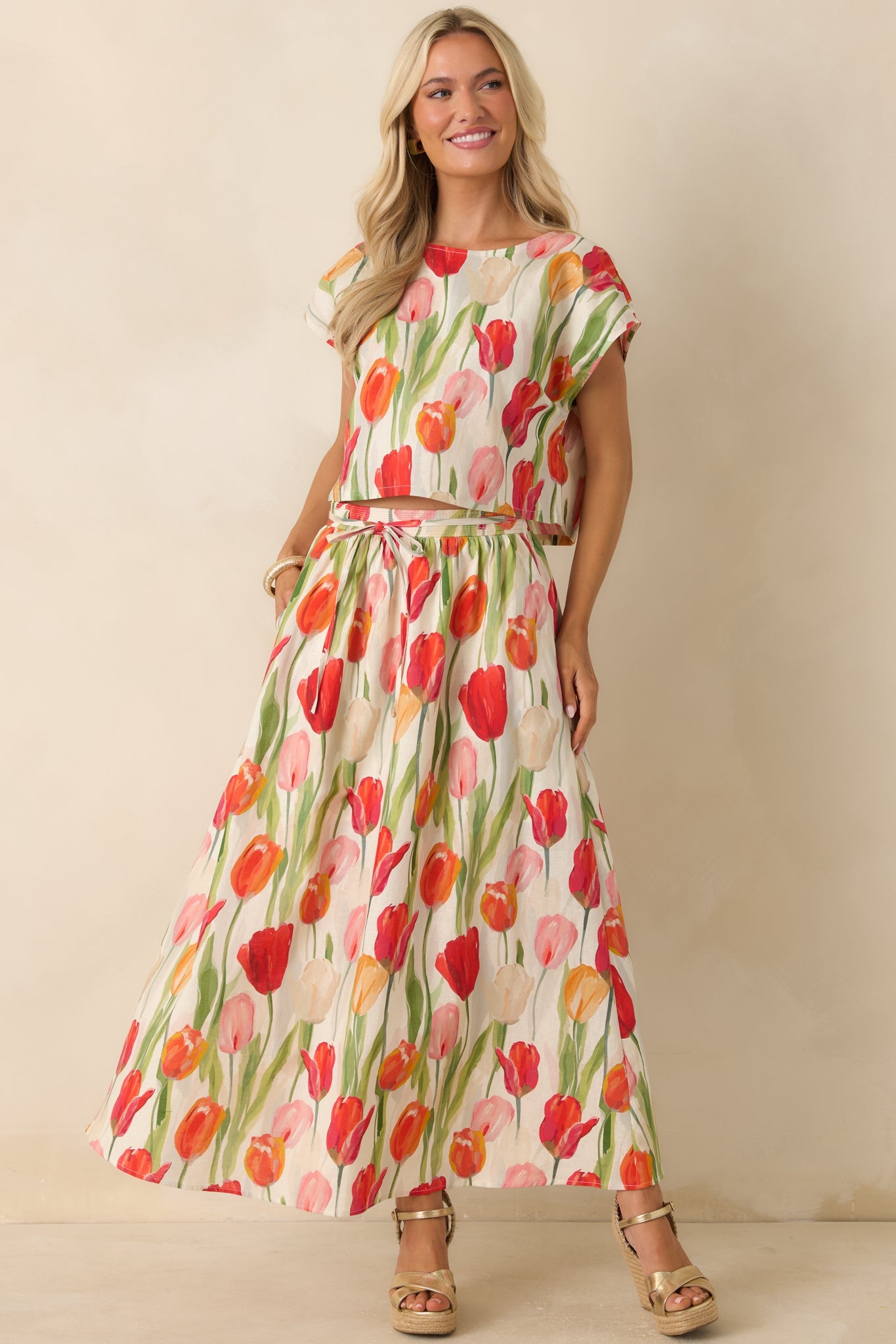Garden District Ivory & Red Multi Linen Blend Floral Midi Skirt