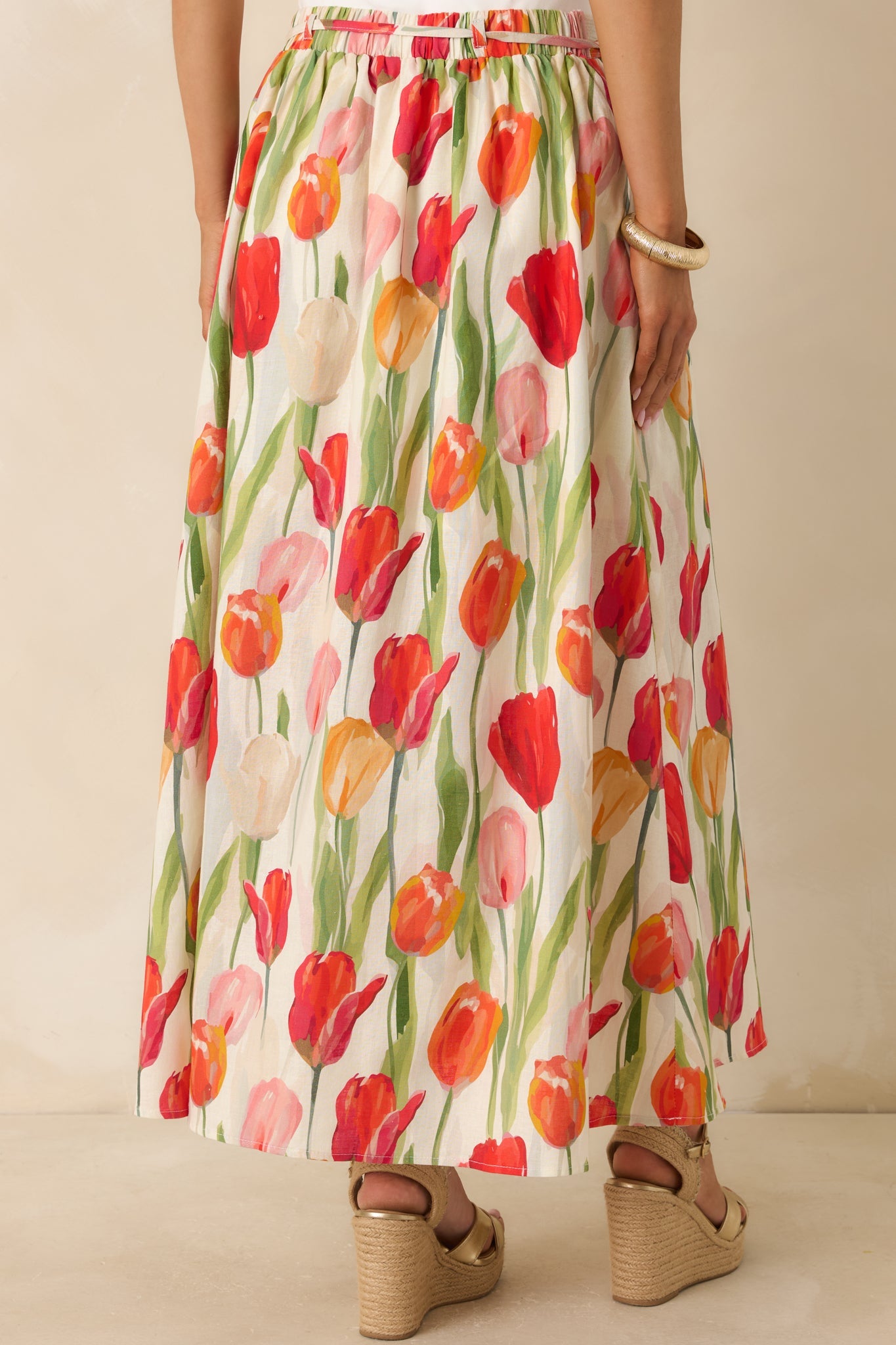 Garden District Ivory & Red Multi Linen Blend Floral Midi Skirt