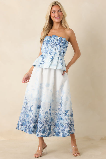 Gathered in Grace Blue Floral Cotton Strapless Midi Dress