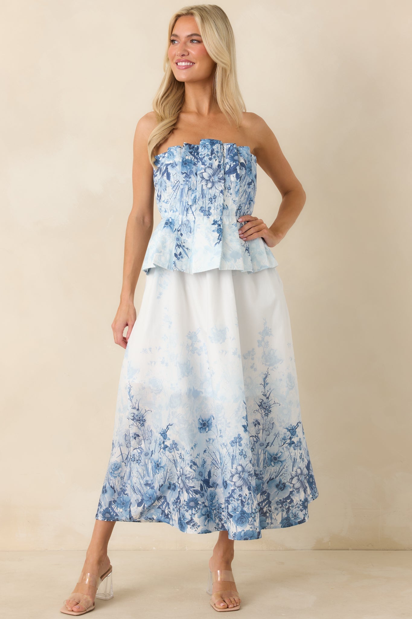 Gathered in Grace Blue Floral Cotton Strapless Midi Dress