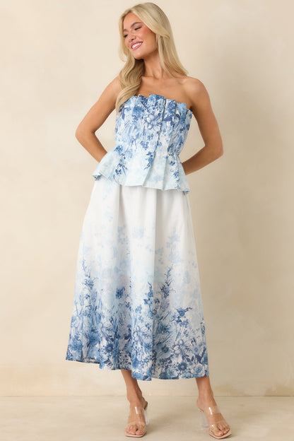 Gathered in Grace Blue Floral Cotton Strapless Midi Dress