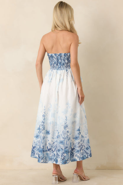 Gathered in Grace Blue Floral Cotton Strapless Midi Dress