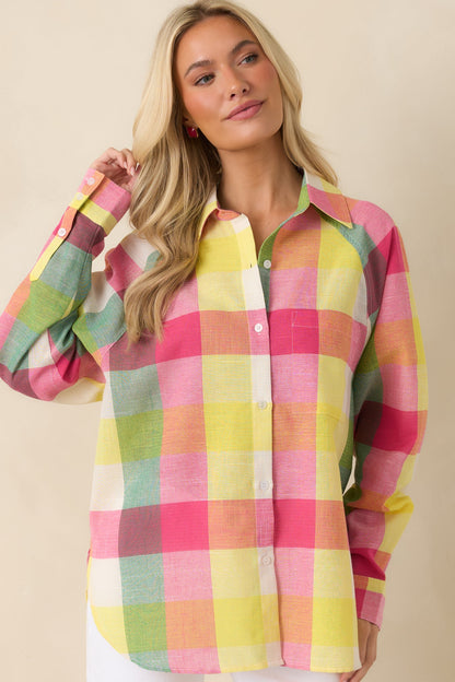 Prosperina Paula Pink Multi Plaid Cotton Button Up Shirt