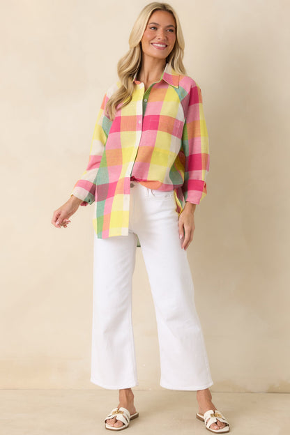 Prosperina Paula Pink Multi Plaid Cotton Button Up Shirt